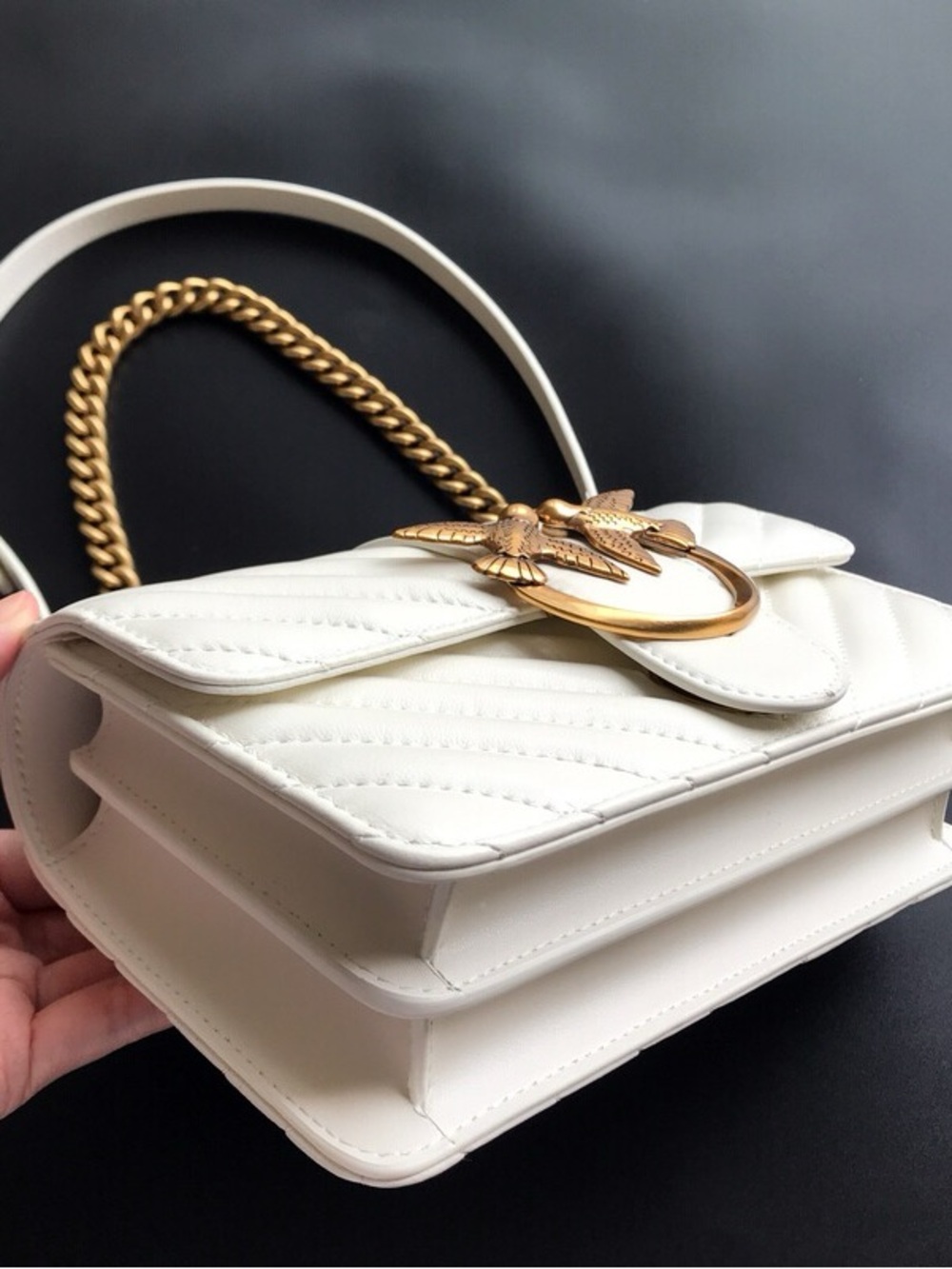 White Quilted Shoulder Bag with Gold Bird Ring Accent - Picture 2 of 3